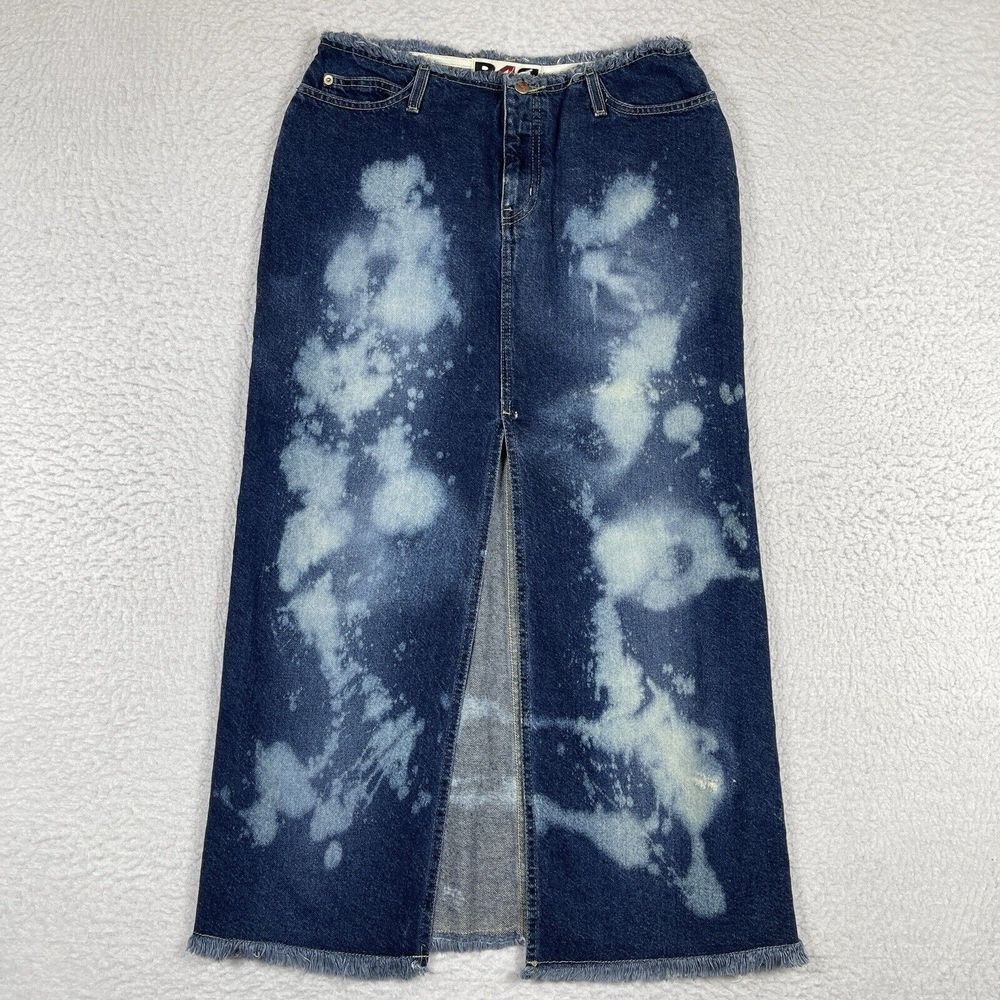Rave 4 Real Denim Maxi Skirt Womens 11 Blue Bleach Splatter Y2K Grunge Raw Hem